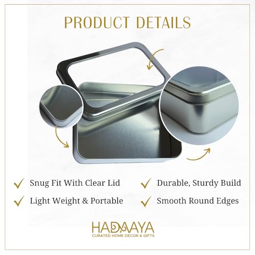 hadaaya Silver Rectangular Tin Container With Clear Lid, Single Piece Multipurpose Tin, Christmas Gifting Tin Box for Gift Giving, Cookies, Stationery & More - 7.25 x 5.25 x 2.25 Inches