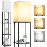 FOLKSMATE Floor Lamp with Shelves, 3-Tier Modern Square Bookshelf Floor Lamp, 3 Color Temperature Bulb Included, Black Floor Lamps for Living Room Bedroom Corner