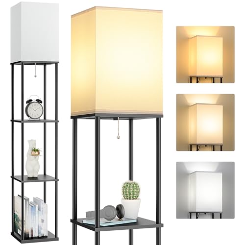 FOLKSMATE Floor Lamp with Shelves 3-Tier Modern Square Bookshelf Floor Lamp 3 Color Temperature Bulb Included Black Floor Lamps for Living Room Bedroom Corner