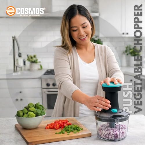 Image of E-COSMOS Manual Food Chopper, 900ml Hand-Press Vegetable Cutter & Mixer with 4 Stainless Steel Blades, Ideal for Onions, Salads, and Potatoes, Ocean Blue (Ocean Blue)