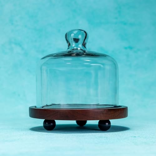 Image of Sugary Affair Acacia Wood Cake Stand with Glass Dome - Compact Wooden Cake & Dessert Display Stand, Glass Cloche for Cupcakes, Pastries & Small Cakes