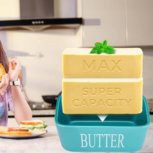 Image of Ceramic Butter Dish with Wooden Lid, Airtight Butter Keeper for Counter or Fridge with Stainless Steel Multipurpose Butter Knife, Butter Container with Double High-Quality Silicone(Light Blue)