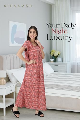 Image of NIHSAMAH Cotton Nighty for Women with Pocket, Premium Printed Long Nighty | Comfortable & Fancy Sleepwear /Nightwear