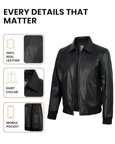 Image of Decrum Men's Bomber Leather Jacket - Vintage Style Real Lambskin Leather Jacket with Rib-Knit Cuffs and Hem