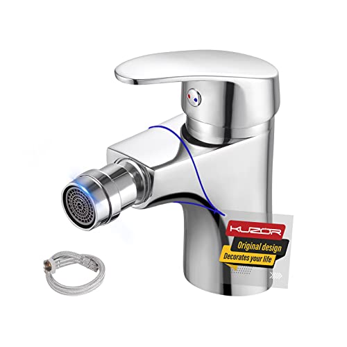 KUZOR Bidetarmatur Chrom Messing Einhebel-Bidetarmatur Drehbare Auslauf Bidetmischer mit 50cm Kaltes Warmes Wasser 3/8 Zoll Schläuche Infache Installation Mischbatterie Wasserhahn für Bidet Faucet