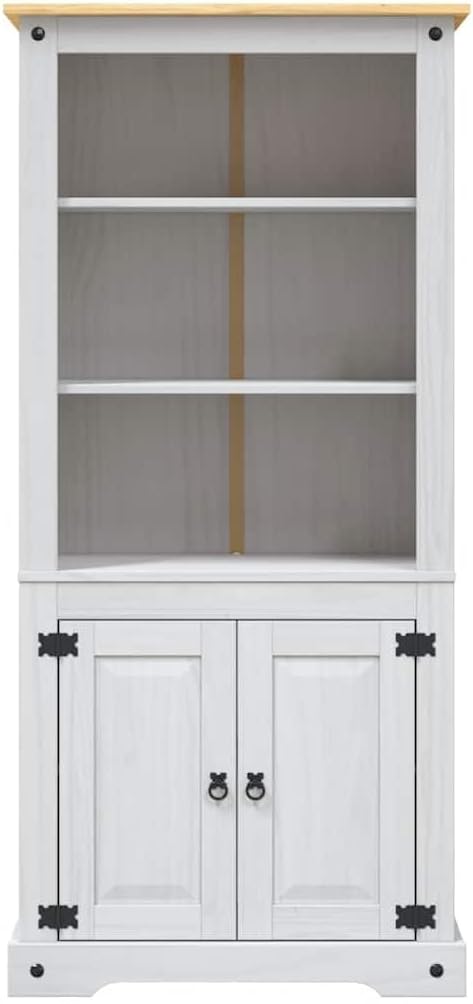 Rustic White Side Cabinet with Brown Top Solid Pinewood Storage Cupboard for Dining Room Indoor Use 15.7 x 31.5 x 66.9 in Durable Storage Locker with Two Doors and Five Shelves