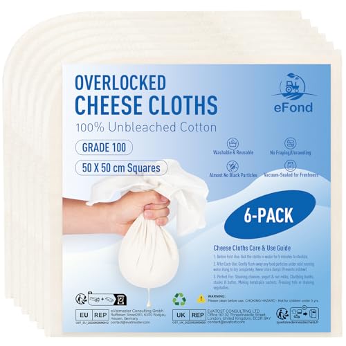 eFond Panno per formaggio, 6 pezzi, 50 x 50 cm, quadrati con orlo overlock, grado 100, ultra fine per filtrare burro, latte noci, yogurt, cheesecloth, salvietta per cucinare e arrostire