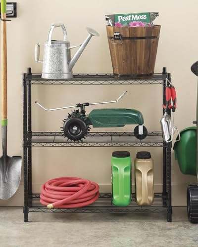 Image of Premium Heavy-Duty 3-Tier Black Metal Wire Storage Rack Shelf Organizer | Adjustable Multipurpose Freestanding Shelving Unit for Home, Office, Kitchen | Size 10 inch D x 30 inch W x 30 inch H Inch