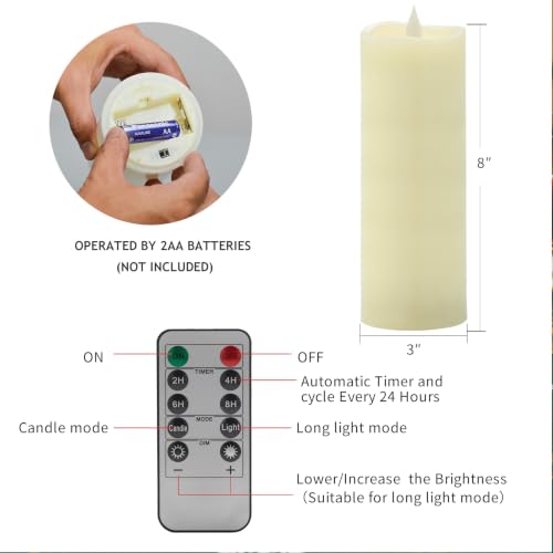 Image of Flameless LED Candles 3 inchx8 inch Set of 2, Battery Operated with Remote & Timer, 600-Hour on 2 AA Batteries, Flickering Realistic Flame, Ivory for Indoor /Outdoor