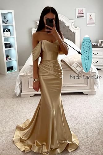 Off Shoulder Prom Dress Mermaid Long Ball Gown Satin Pleated Sweetheart Bridesmaid Dresses with Train BU0762