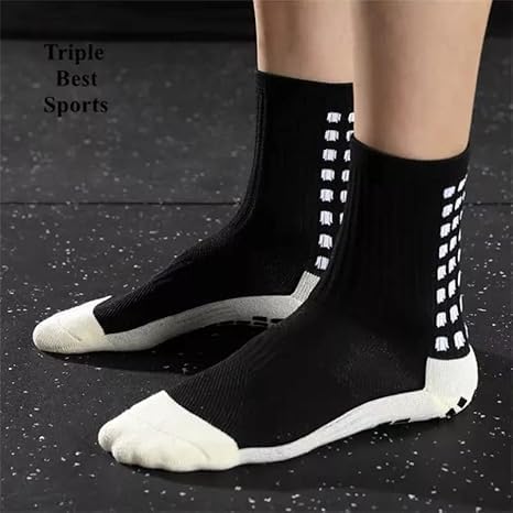 DEXSOVO Athletic Sport Anti-slip Socks for Men Women | Crew Length Non-slip Rubber Grip Thicken Cushion socks for footballers, Rugby, Cricket, Yoga, Badminton, Baseball, Sports (White + Black) 3
