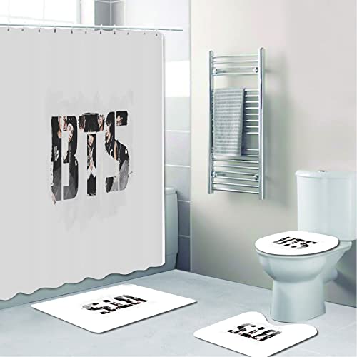 SMchwbc Duschvorhang 180x200 180x180 BTS Bangtan Boys Pink Rot Bunt Badezimmerteppich 4-teiliges Set, Shower Curtains Wasserdicht, Dekorieren Sie Ihr Badezimmer (5,180 x 180 cm)
