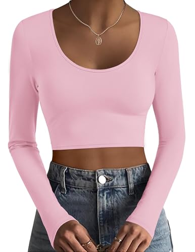 Ekouaer Long Sleeve Crop Tops for Women Scroop Neck Lightweight Basic Base Layer Thermal Undershirts Shirts Light Pink L