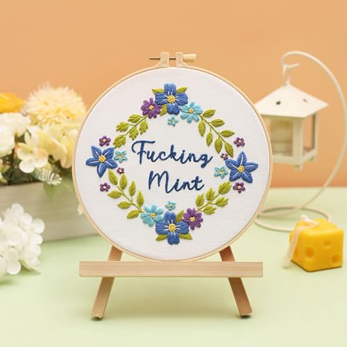 Image of Louise Maelys Funny Flower Wreath Embroidery Kit for Beginners and Adults | DIY Needlepoint Kit with Pre-Printed Fabric, Hoop, Threads, Needles and Guide. Cross Stitch Kits for Floral Crafts