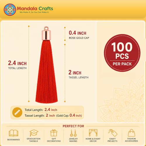 Image of Mandala Crafts Small Rose Gold Tone Cap Red Bookmark Tassels with Loops | 100 PC, Machine Washable, Polyester, Mini, for Crafts Jewelry Making Graduation Decorations Keychains Gift Tags & Ornaments