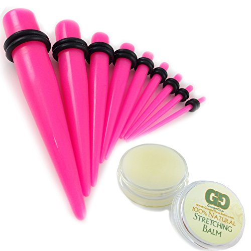 Gauge Gear® Kit de expansores de oreja, 10 unidades, color rosa intenso, 1,3 mm-10 mm, con bálsamo de estiramiento Cover