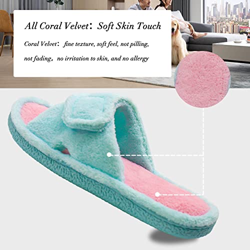 Magtoe Adjustable House Slippers For Women Open Toe Soft Coral Velvet,Comfortable Indoor Slip On Slides Sandals Memory Foam Lady Home Shoes For Bedroom Spa Living Room , All Seasons, 1 Pair, Aqua Pink, Large Size (9-10) #TOP5