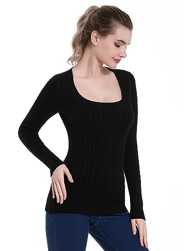 AmélieBoutik Women Scoop Neck Cable Knit Long Sleeve Sweater Top2