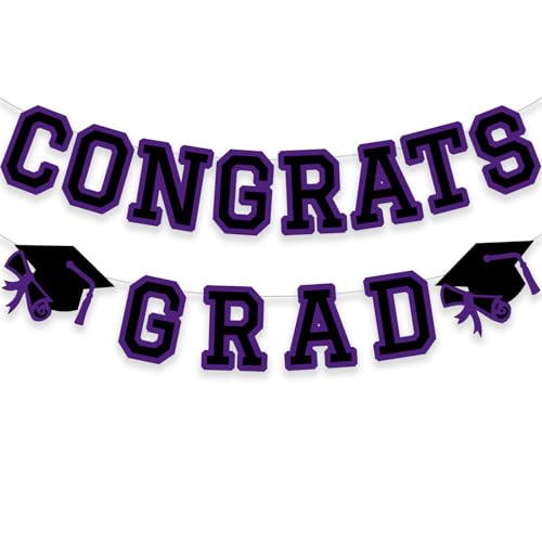 Image of Congrats Grad Banner Graduation Party Banner Decoration Hanging Garland High School College Backdrop Supplies Purple