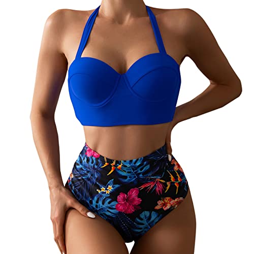 Genérico Halter Retro Ruched Bikini Piece Two Tops + Shorts High Women Front up Piece Two Cintura Halter Vintage Crop Wrap Swimsuit Empuje Print Swimwears Swimsears Tankinis Set Pañal Bañador Lavable