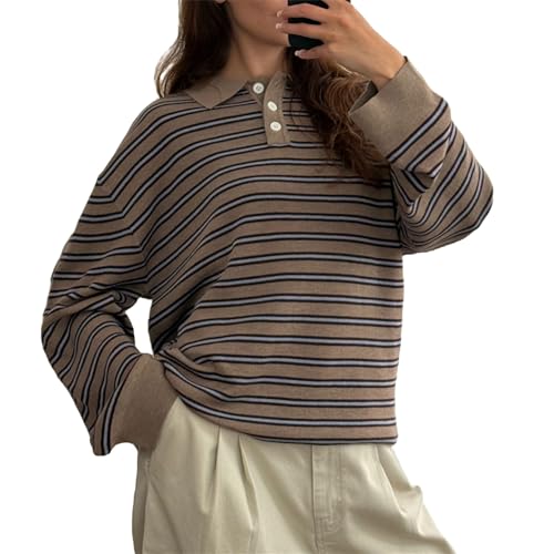 Women Oversied Stripd Rugby Shirt Y2k Long Sleeve Button Collared Preppy Polo Sweater Vintage Aesthetic Streetwear