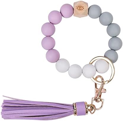 PWOD Silicone Beaded KeyRing Wristlet Bracelet, House Car Keys Keychain for Women with Leather Tassel KeyRing（US,Lavender Purple）