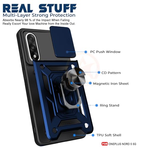 Image of Armor Bumper Back Cover Case for OnePlus Nord 5 5G | Rotating Camera Cover, Ring Holder & Kickstand | Heavy Duty & 360 Degree Protection OnePlus Nord 5 5G Back Cover (Blue)