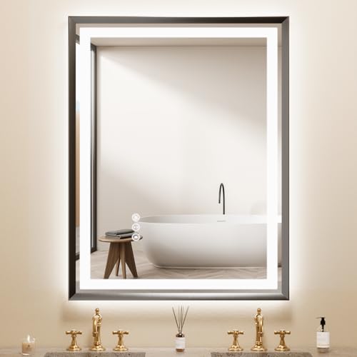 miskerm 28x36 Bathroom Mirror with Lights, Brushed Black Metal Frame with Backlit + Front Lit, LED Bathroom Mirror, Anti-Fog, Dimmable, Bathroom Vanity Mirror Tempered Glass(Horizontal/Vertical) by miskerm - Used condition - US$95.58