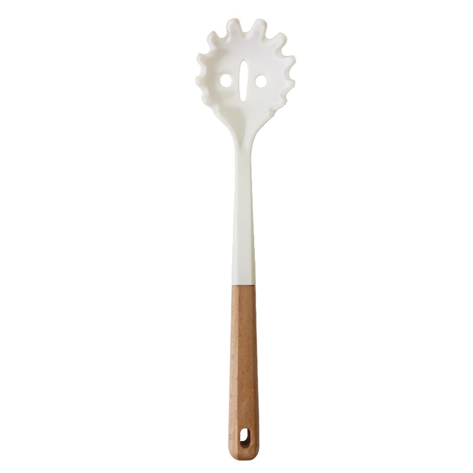 Snplowum 1pcs White Pasta Spoons Silicone Pasta Server with Teeth, Wooden Handle Pasta Fork Kitchen Utensils, Heat Resistant for Noodle Spaghetti Strainer Grab