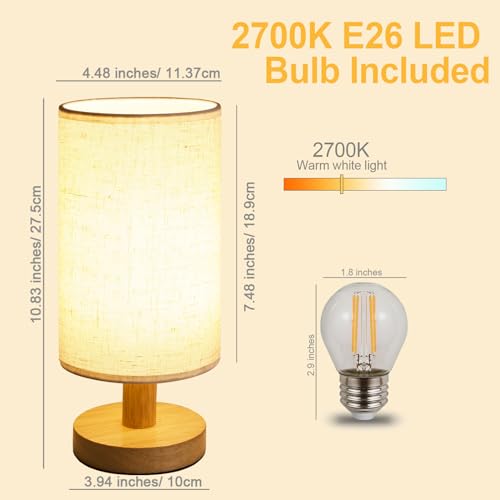 Image of Small Bedside Table Lamp for Bedroom, Minimalist Wood Base & Round Fabric Shade, Mini Cute Cozy Warm White Nightstand Boho Lamp, Study Desk Night Stand Light for Room, Dorm, Nursery, Living Room