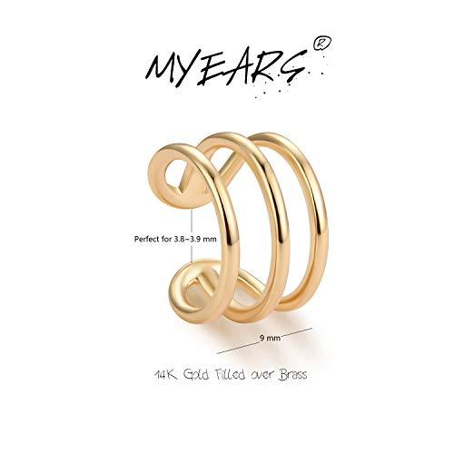 Myears Women Ear Cuff Earring Gold Non Pierced Ear Cartilage 3 Split Stripe Band Clip On Wrap Hoop 14K Gold Filled Tiny Boho Simple Minimalist Delicate Handmade Hypoallergenic Geometric Jewelry Gift #TOP3