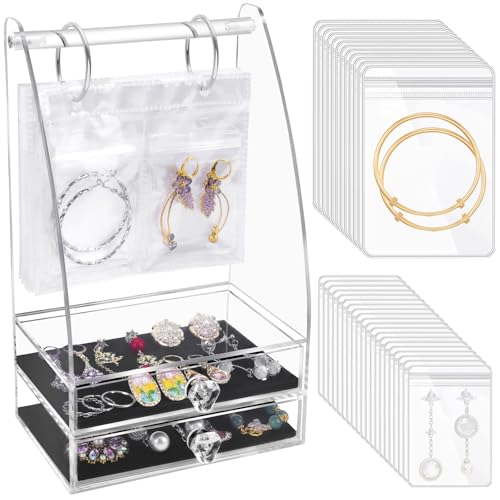 OAOLEER Acrylic Jewelry Organizer Box, Clear Jewelry Holder Stand with 30PCS Portable Travel Bags & 2 Drawers, 100 Independent Jewelry Storage for Earring Bracelet Ring Watches Necklace Organizer