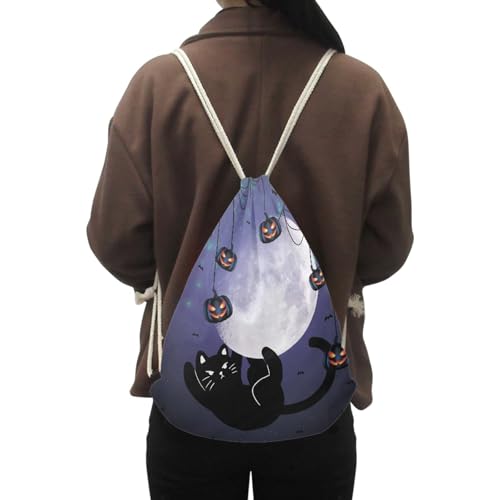 JooMeryer Funny Halloween Drawstring Bag Shoulder Bag Trick or Treat Backpack Lightweight Soccer Ball Bag Gift,Cute Cat Moon Bat2