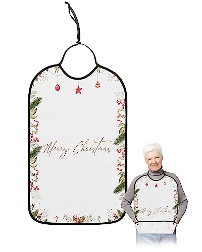 LEOKOTI Christmas Leaf Adult Bibs for Eating, Waterproof Bibs with Food Catcher & Adjustable Snap Closure, Pentagram Bells Green Plant Washable Clothing Protectors Adult Bibs for Elderly Women/Men
