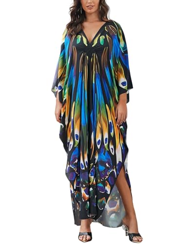 Image of KECVOT Kaftan Dresses for Women Plus Size Batwing Sleeve Caftans Long Bathing Suit Cover Up Maxi Beach Dress Loungewear