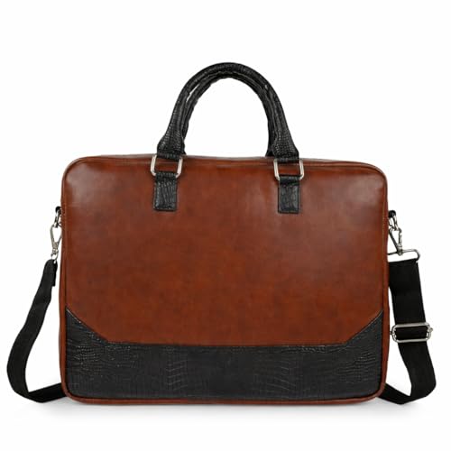 Image of Premium Vegan Leather Laptop Bag for Men | Office Briefcase with Shoulder Strap | Stylish Business Messenger Bag for 15.6 Inch Laptop, Documents & Travel (Tan & Black)