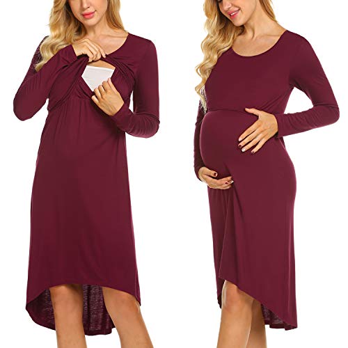 Image of Ekouaer Women's Nursing Dress Long Sleeve Maternity Sleepwear Nightgown Solid Breastfeeding Sleep Dress (Wine Red M)