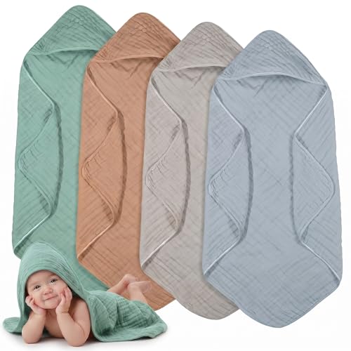 Peryiter 4 Pcs Muslin Hooded Baby Towels,Green, Gray, Rust, Blue