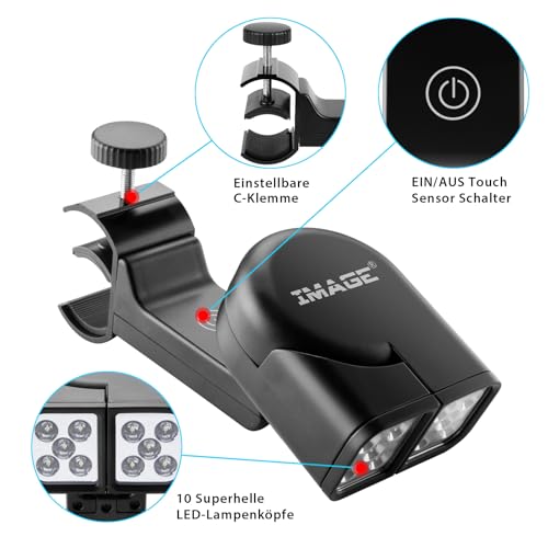 IMAGE Grilllampe Grill Licht 10 LEDs verstellbare BBQ Grillbeleuchtung mit Touch Schalter und C-Klemme Befestigung für Barbecue Picknick Outdoor, Geschenke für Männer Papa Ehemann Vatertag