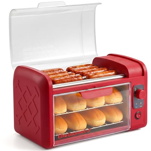 Elite Gourmet 8 Hot Dog Roller & Toaster Oven | 5 Stainless Steel Rollers, 30-Min Timer, Auto Shut-Off, 2 Warming Racks, Bun Warmer, Drip Pan | Cooks Brats, Sausages, Taquitos | Red