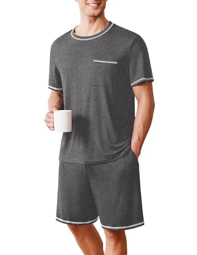 Image of Ekouaer Men's Pajamas Set Casual Short Sleeve Shirts and Shorts Soft 2 Piece Loungewear With Pockets