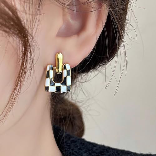 Checkered Earrings for Women Black and White Checkered Dangle Earrings Geometric Square U-shaped Checkered Earrings Vintage Dainty Birthday Jewelry for Women3