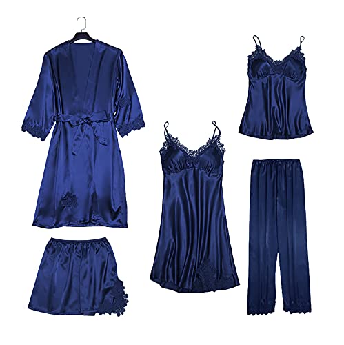 TaFoyu Femmes Ensemble de Pyjama Satin Vêtement 5 Pièces de Nuit Couleur Unie Dentelle Ensemble Col en V Cami Pantalons Longs Homewear Marine XL Cover