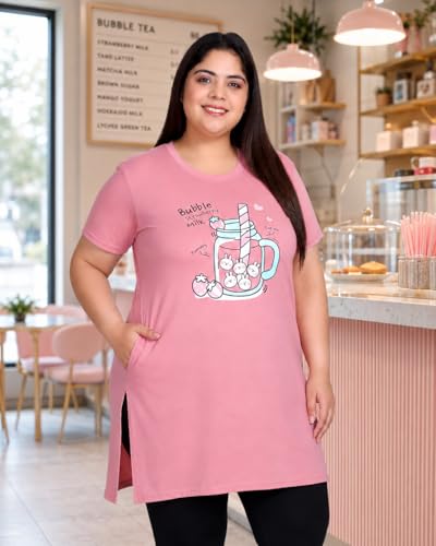 Image of In Love Women Cotton Regular Fit Plus Size Long-Line Chest Print T-Shirt with Pocket