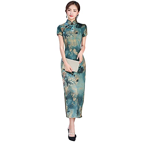 YUDATPG Vestido chino Cheongsam para mujer, cuello mandarín, ajustado, manga corta, estampado floral, sexy, con abertura lateral, para cosplay, Halloween, Coutume, verde, M