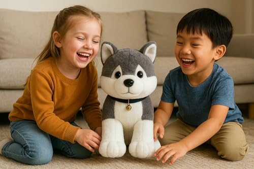 Image of Plush Husky Dog Soft Toy, Grey and White, 18 cm, Super Soft Material with Bell Collar, No Assembly Required, for Ages 3-40 Years