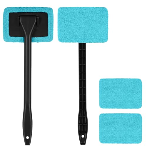 URAQT Car Windscreen Cleaner Brush, 2PCS Long Reach Windscreen Cleaner with 4 Washable Microfiber Pads, Home Kitchen Auto Inside Glass Wiper, Car Window Cleaner for Fog Moisture Removal (Blue)