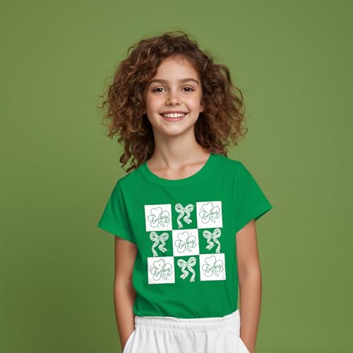 Image of GLIGLITTR Kids St Patricks Day Shirt Girls Bow Shamrock Clover Lucky Graphic T-Shirt Irish Short Sleeve Tee Tops 7-12 Years