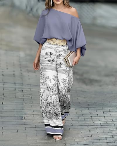 Image of CHICME Women Summer 2 Piece Outfits Off Shoulder Top Flowy Wide Leg Pants Set Vacation Travel Airport Outfits
