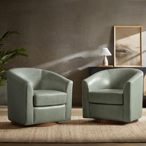 Image of HULALA HOME Genuine Leather Swivel Barrel Chairs Set of 2, Round Swivel Accent Chairs with Solid Wood Base, Leather Barrel Accent Chair for Living Room, No Assembly Required, Sage